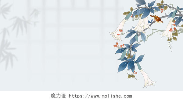绿色春天花朵树枝鸟树叶中国风新中式春分谷雨节气手绘插画背景素材